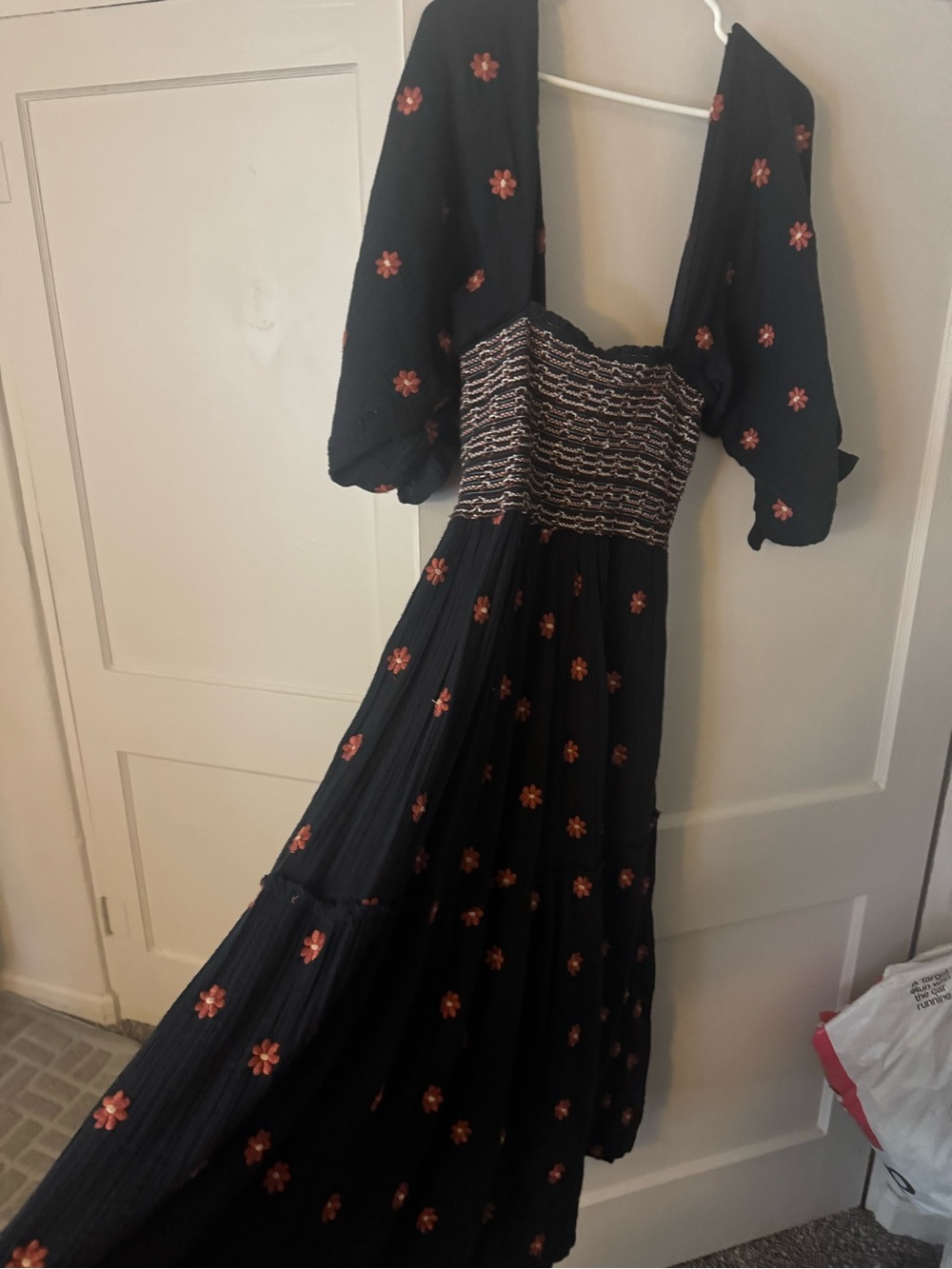 Free People Dahlia Embroidered Black Dress Puff Sleeve Brown size Small